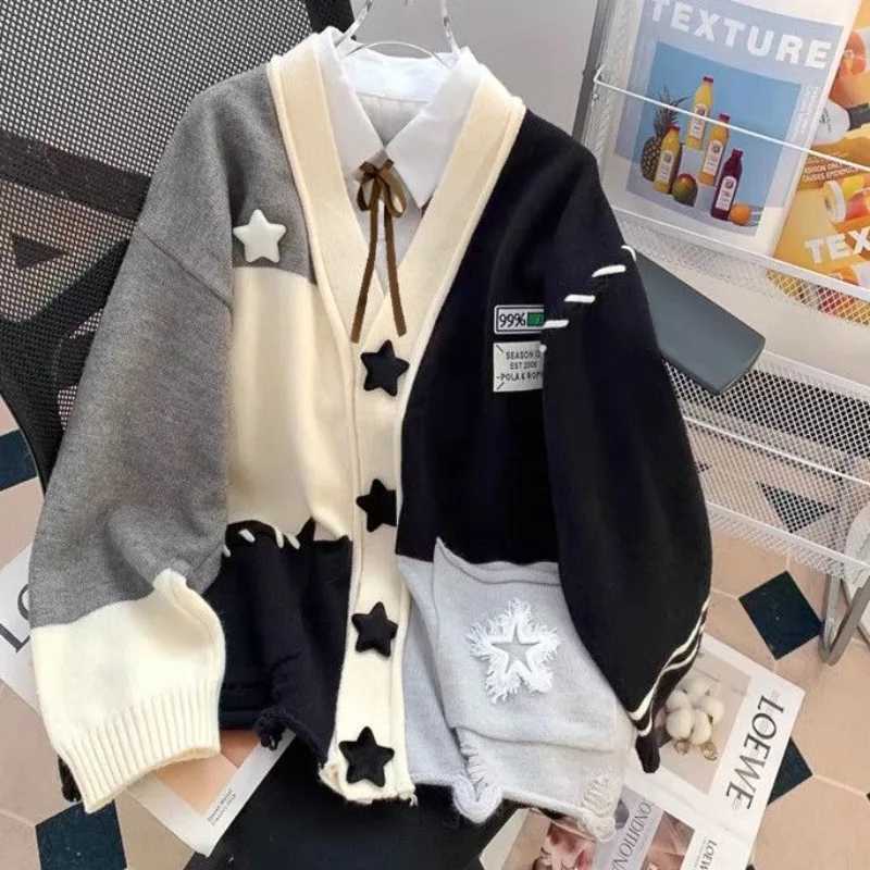 Womens Autumn Winter Personality Patchwork Star Sweater Cardigan Lady Casual Loose VNe Knitted Jaets New Coat Kntwear Top W251014