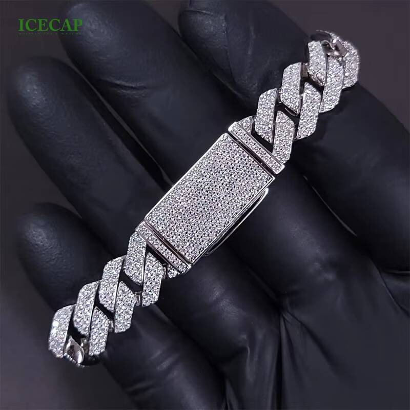 14mm 2 Rows High Quality D Color Moissanite Bracelets Pass Diamond Tester 925 Silver Hiphop Style Cuban Bracelet
