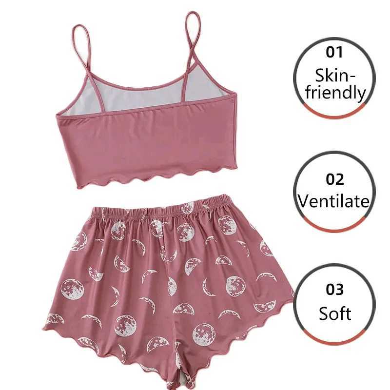 Women Pajamas Sleepwear Pajama Set Sports Camisole and Shorts Pink Black Moon and Planet Print Summer Comfortable Casual SuitT251014