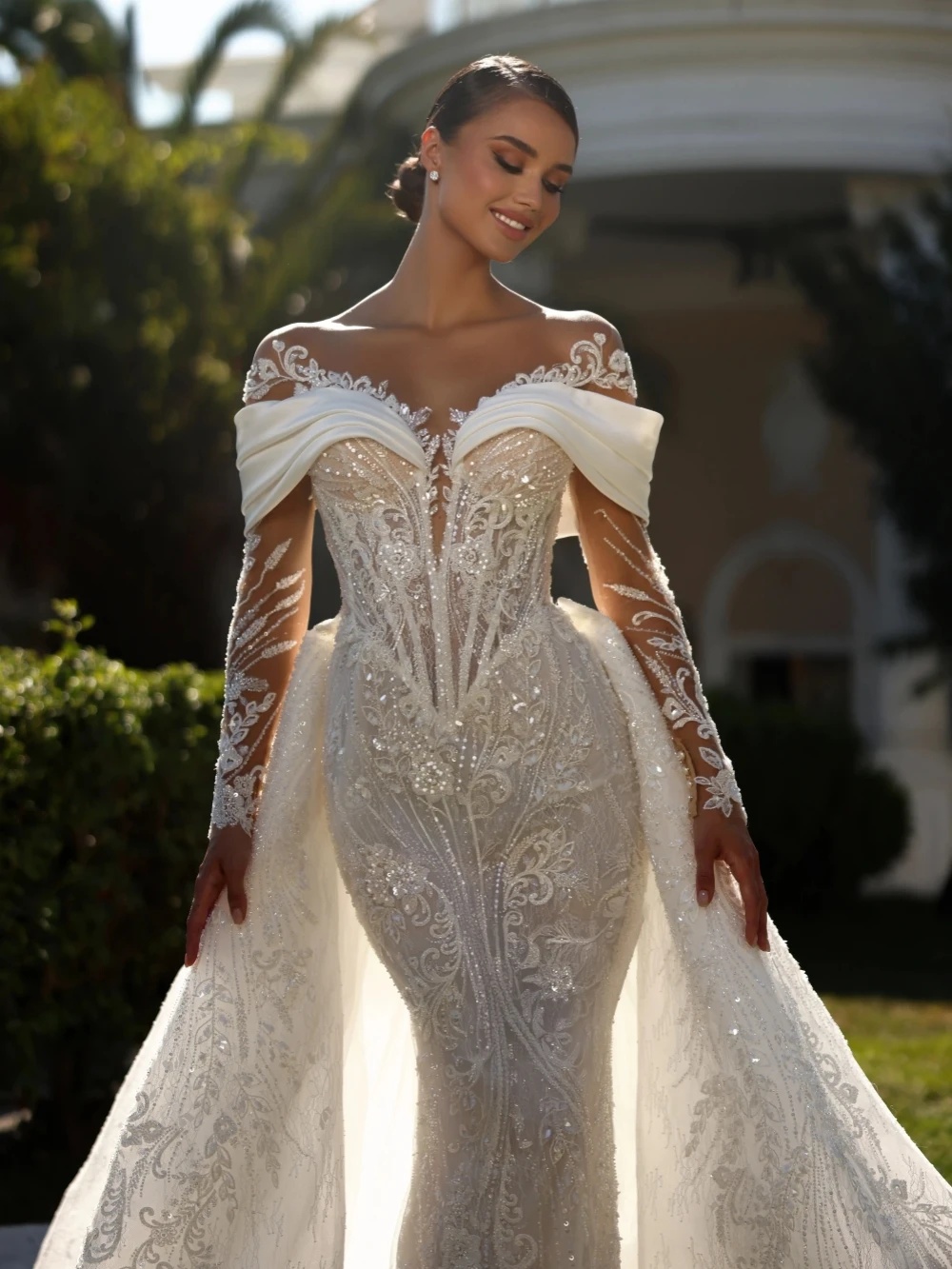Fashion Wedding Dresses O Neck Sequins Bridal Gowns with Overskirts Appliques Long Sleeves Mermaid Customized Vestidos De Novia Plus Size