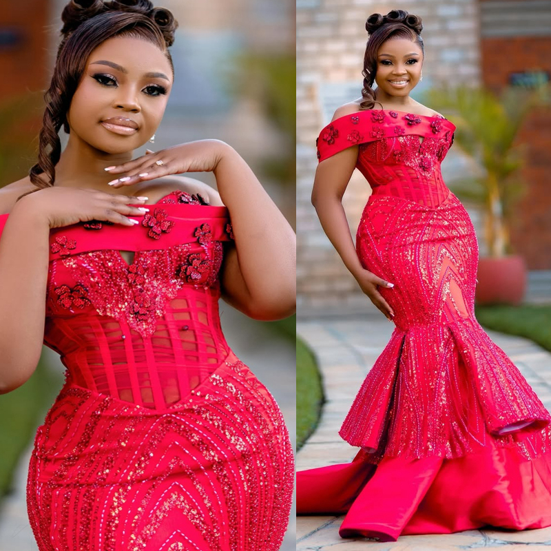 Plus Size Red Prom Dresses 2026 Evening Dresses Illusion Mermaid Off Shoulder Beaded Lace Crystals Flora Birthday Dress Second Reception Gown AM2980