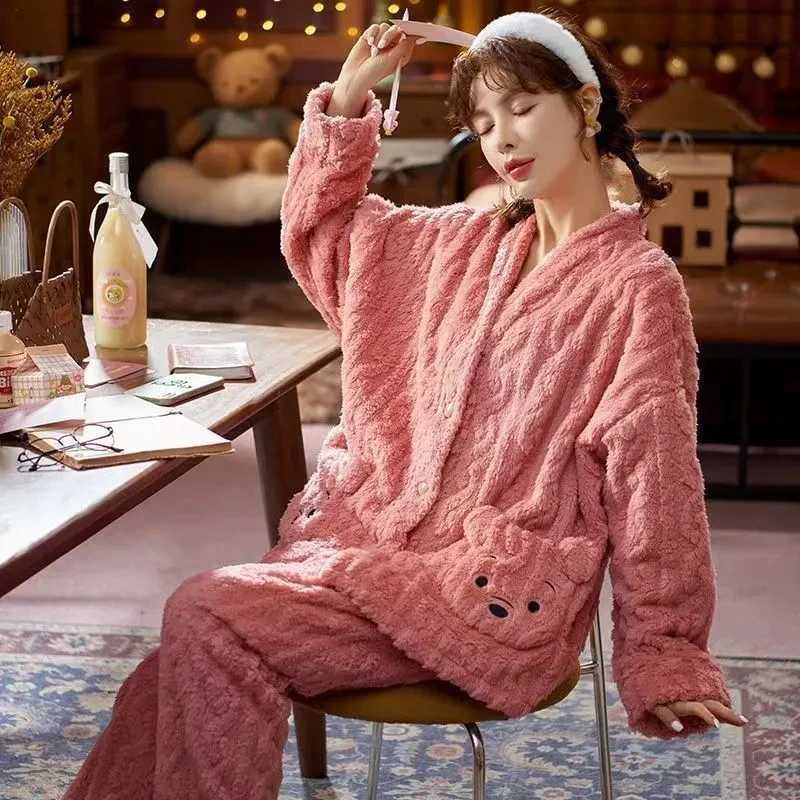 Autumn Winter Warm Coral Flannel Women Pyjamas Sets Thick Coral Velvet Long Sleeve Sleepwear Ladies Flannel Homewear Suits Y251013