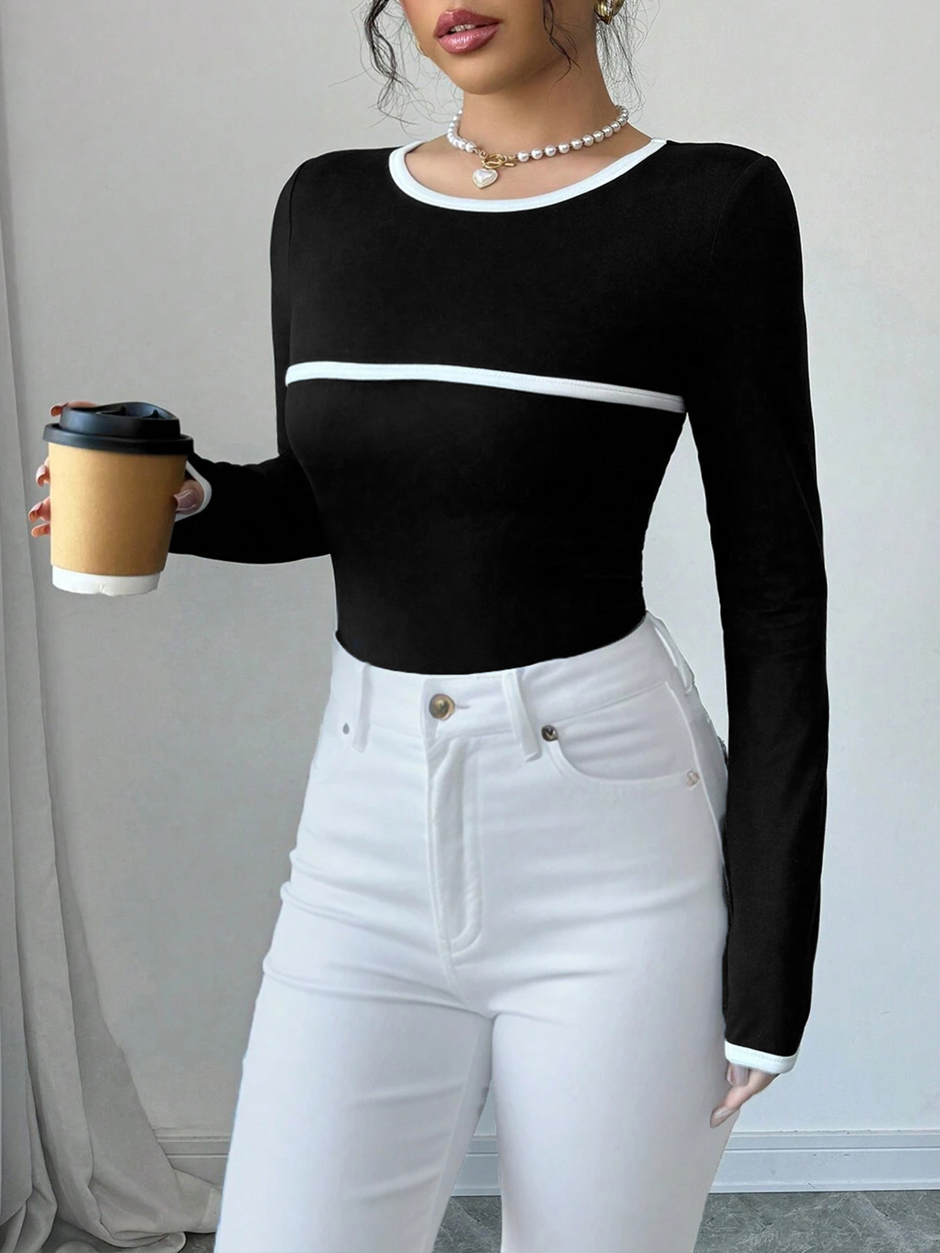 Women's Autumn French Elegant Black & White Contrast Long-Sleeve T-Shirt - Casual & Versatile Top-SZ25128