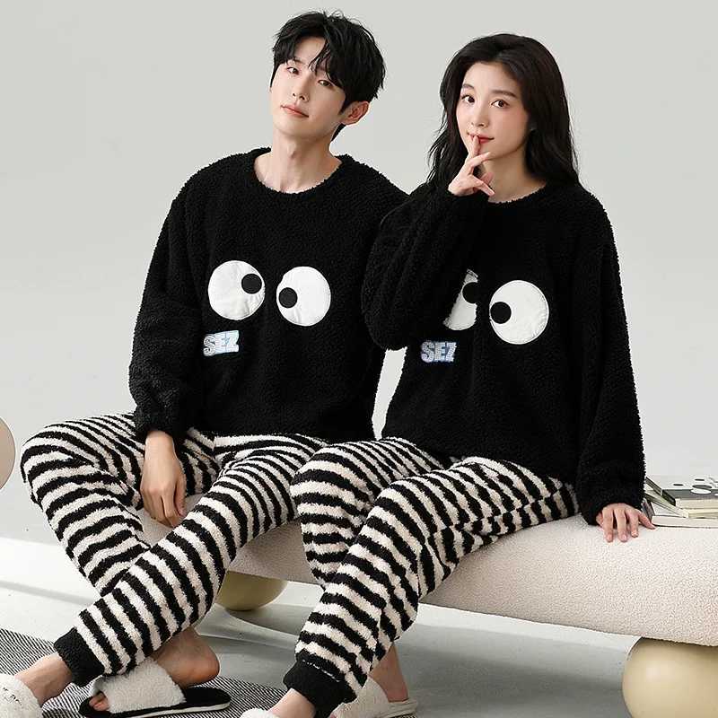 Coral Fleece Autumn and Winter Couple Pajamas Fleecelined Thickened Cartoon Sweet Flannel Winter Homewear Women Men NightwearT251014
