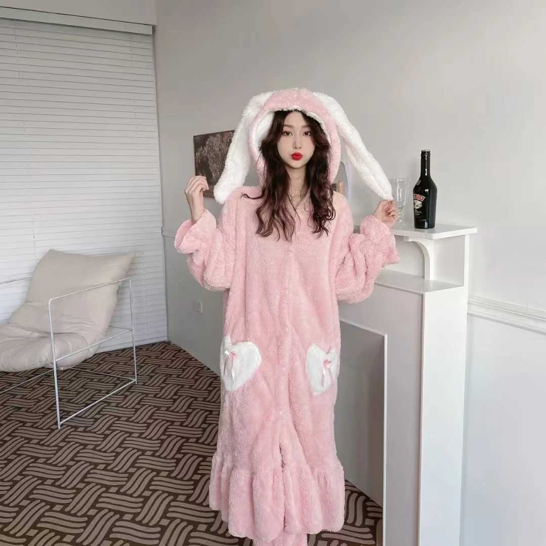HOTSELLING 2025 Winter Pajamas Robe Lovely Long Ear Pink Hooded Homewear Loungewear Sleepwear Bathrobe Comfy Soft Pajama Party Y251013