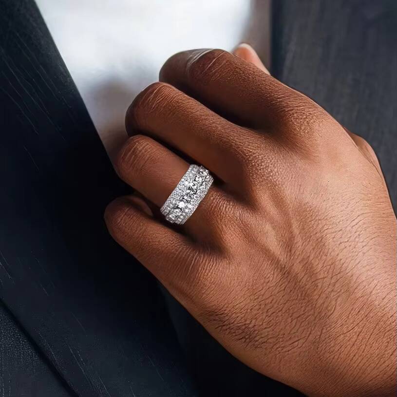 VVS 5 Rows Moissanite Ring Unisex Solid 925 Silver Moissanite Pinky Hip Hop Ring Hiphop Jewelry