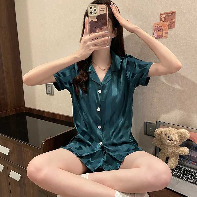 Silk Pajamas Women Summer Short Sleeve Shorts Suit Solid Satin Thin Ladies Large Size Casual Luxury Cardigan Homewear Sexy PjsT251014