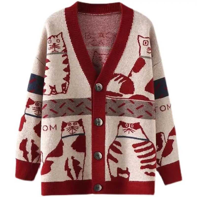 2023 Spring and Autumn New Cartoon Contrast Color Fashion Sweater Womens Vne Knitted Cardigan Coat Trend W251014