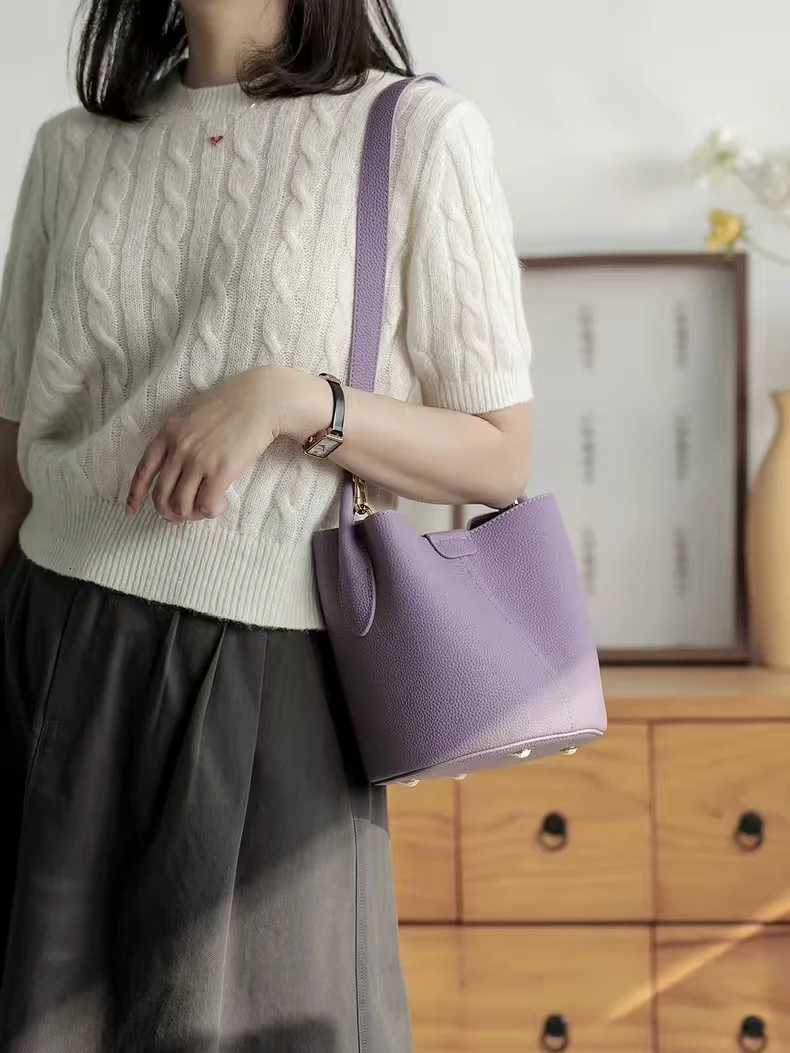 Noble Lavender Purple Round Bucket Tote Small Elegant Cowhide Leather Wens Shoder Crossbody Bag Fi Ladies Hand Bag D251014