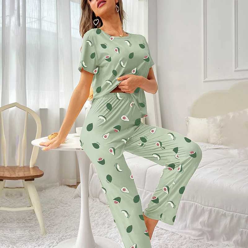 Avocado Print Womens Satin Pajama Set ShortSleeve Tee And Long Pants Fresh Style Cute Sleepwear Loungewear Autumn Comfy PjsT251014