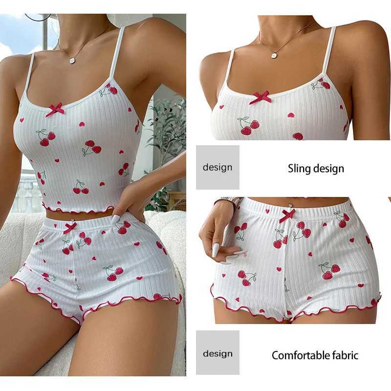 2Piece Pajama Set for Women Cherry Print Bow Front Cami Top and Short Pajama Set Cute Soft SleepwearT251014