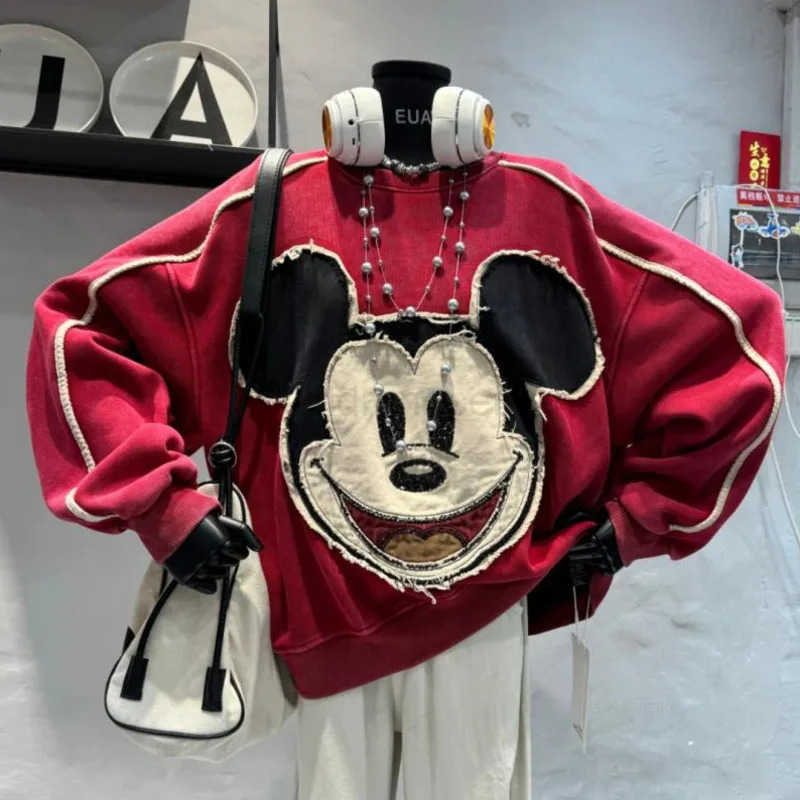 Disney Mickey Cartoon Patch Designs Hoodie Women Loose Casual Versatile Plush Pullover Korean Version Vintage Niche Sweatshirt H251014