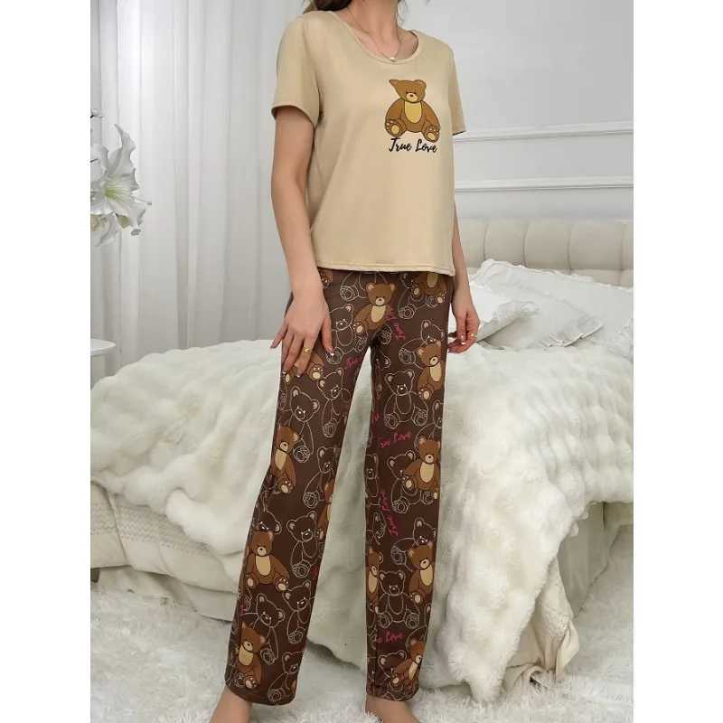 Womens Pajamas Set Short Sleeve Top And Pants Sleepwear 2 Piece Set Women Cute Print Casual Breathe Homewear AutumnT251014