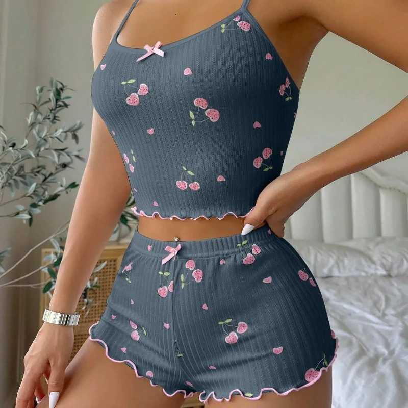 Womens Heart Print Sexy Ribbed Bow Decor Pajama Set Round Neck Backless Comfortable Crop Cami Top Shorts Summer NightwearT251014