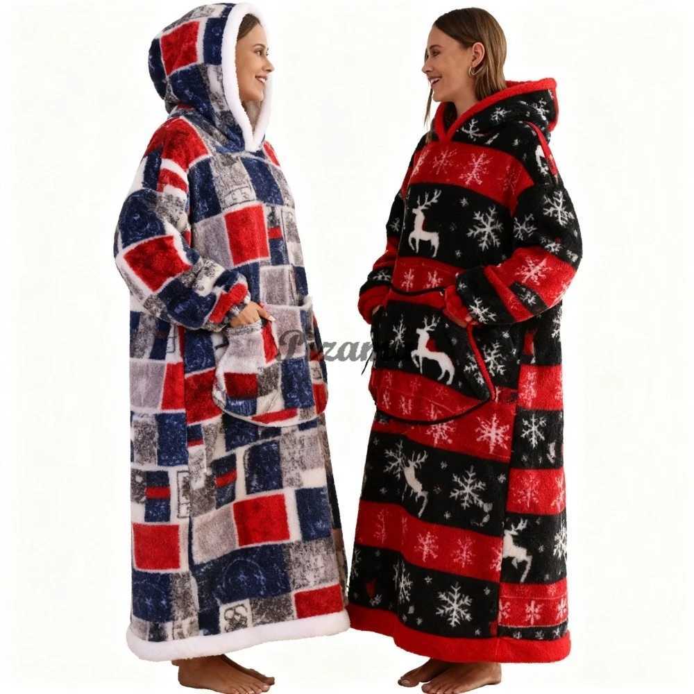 Winter Warm Flannel Thick Christmas Womens Robes Oversized Wearable TV Blankets Super Long Vestidos Night Robes Adult Bathrobe Y251013