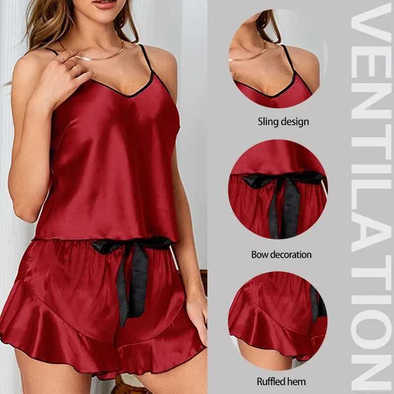 Summer TwoPiece Pajama Set for Womens Casual Sexy Sleeveless Suspender Top and Ruffled Shorts Pajama SetT251014