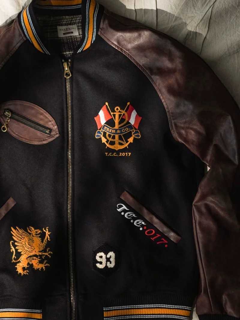 Vintage college wool baseball uniform leather embroidered jacket autumn and winter jacket ivy J251014