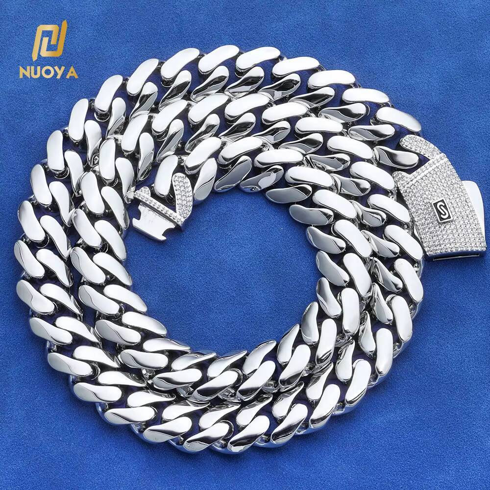 NUOAY 925 Silver Cuban Chain Necklace with Iced Out Moissanite Clasp Hip Hop Style Pass Diamond Test Fine Jewelry for Women Men