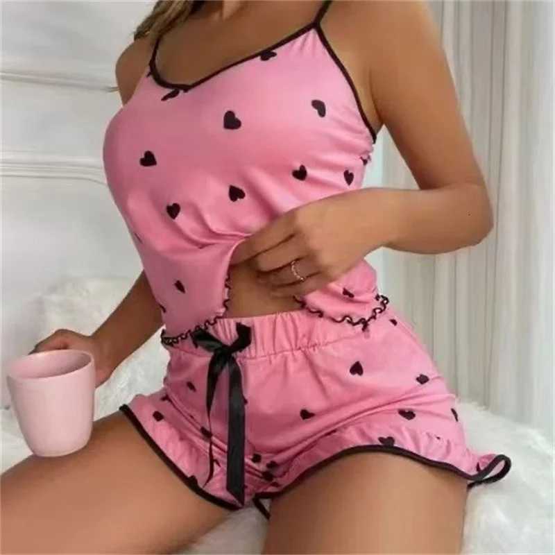 Women Sleepwear Summer 2 Piece Pajamas Set Spaghetti Strap Vest Top and Shorts Soft Casual Cute Printed LongewearT251014
