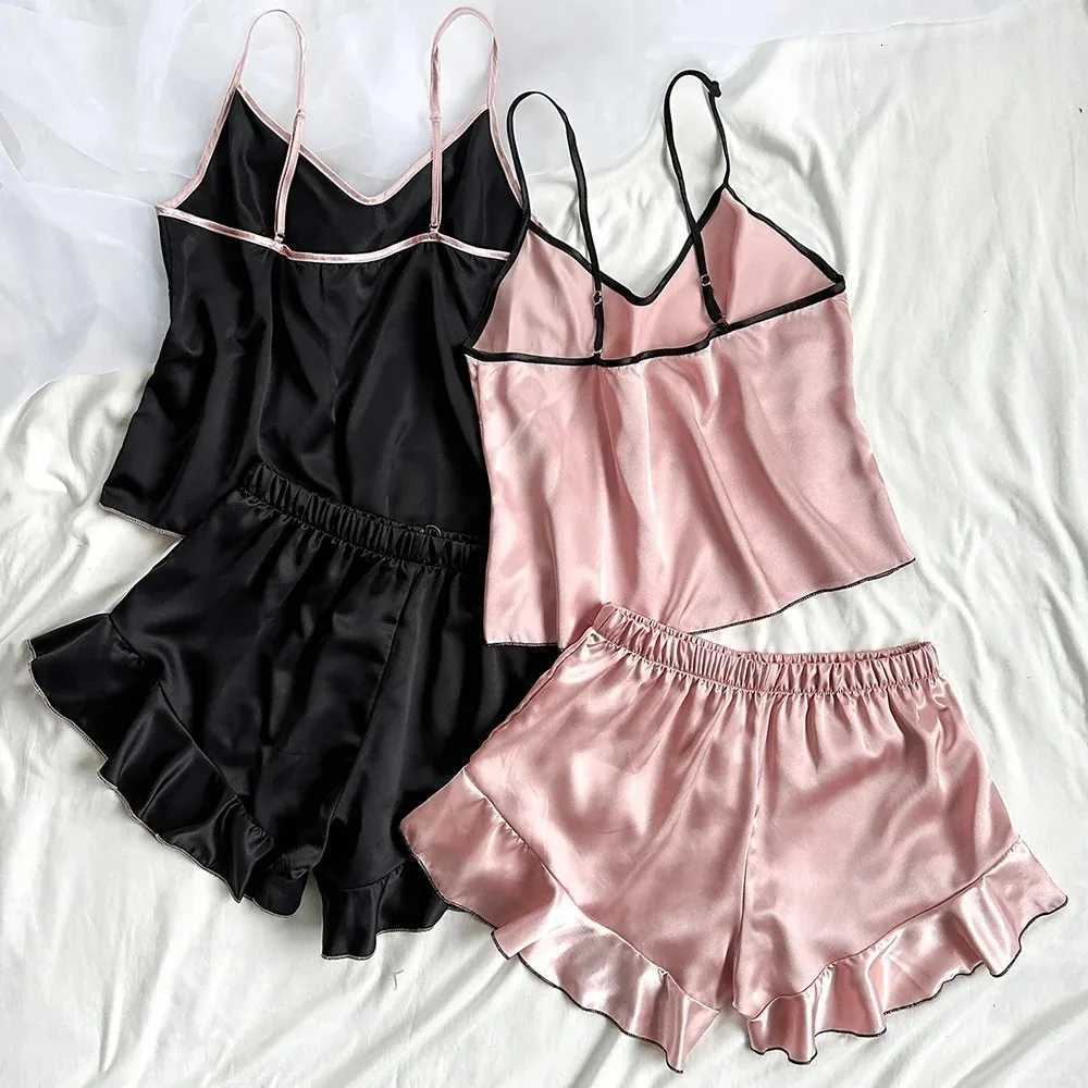 Womens Smooth Satin Pajamas VNeck TShirt Ruffled Edges And Bow Shorts Simple And Breathable Pajama Set Sling Home ClothingT251014