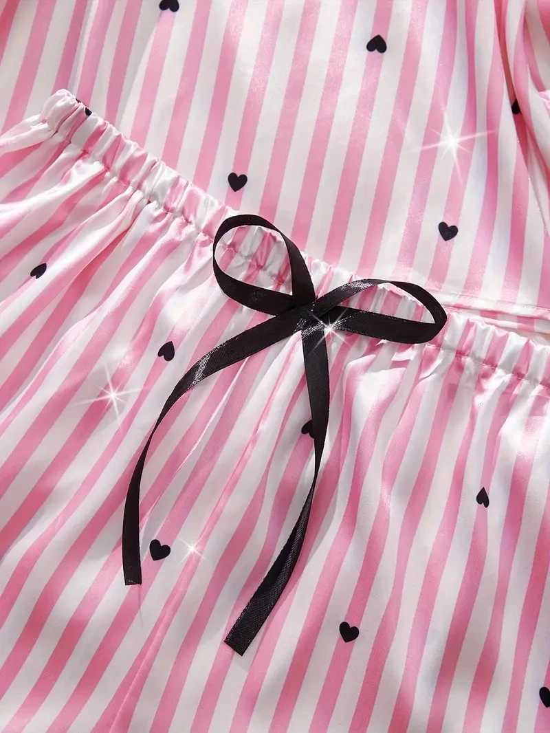 Summer Silk Satin Womens VNeck Sexy Lace Suspender Pajama Shorts Set Stripes Heart Casual Womens Sleeveless Sexy Pajama SetT251014