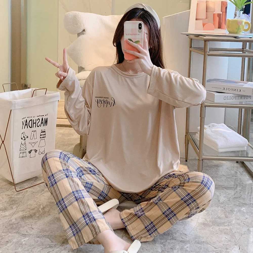 New Womens Pajamas TwoPiece Female Spring And Autumn Summer LongSleeved Trousers Suit Simple And Can Be Worn Outside HomewearT251014