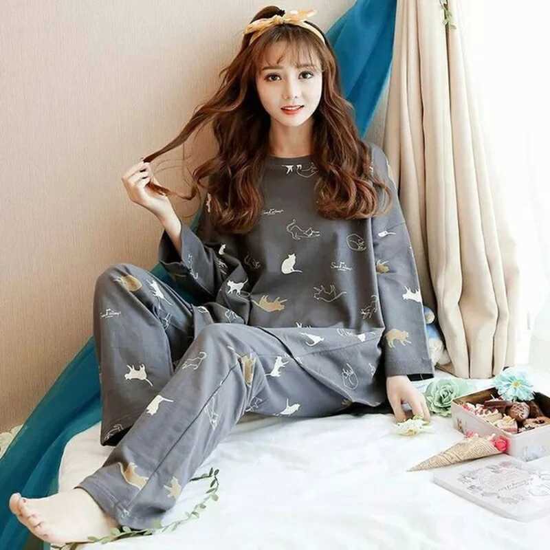 Cute SpringAutumn Big Size Womens Pajamas Set Sleepwear for Sleeping Long Sleeve Nightie Home ClothesT251014