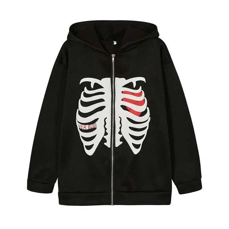 Y2K Skeleton Hoodies Women 2025 Vrouwen Goic Zwart Zip Up Oversized Sweatshirt Dames R Harajuku Capuchon Streetwear Tops W251014
