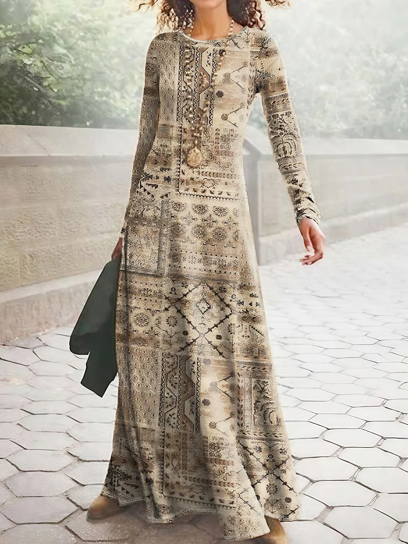 Women's Autumn Winter Fashion Mom's New Retro Khaki Ethnic Printed Maxi Dress - Suitable for Outing & Daily Wear-CF56317