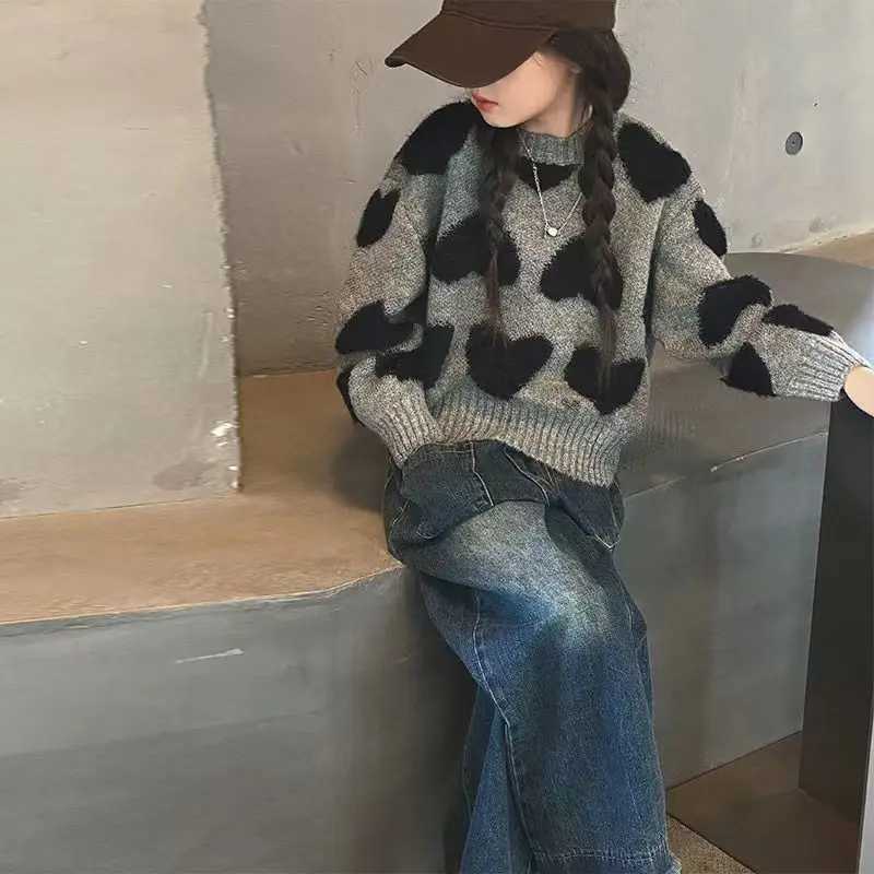 s Autumn Winter 2025 Korean Style Heart Print Knit Sweater s Pullover Trendy W251014