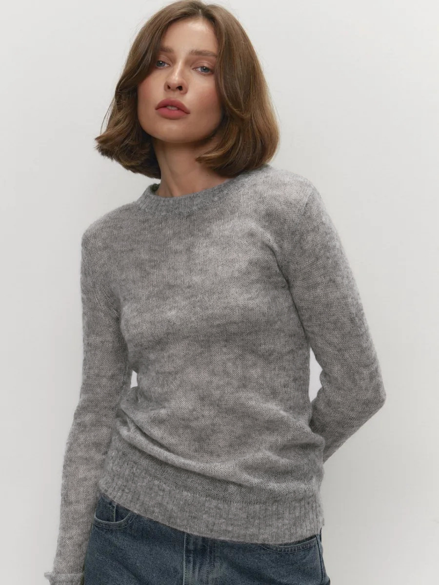 2025 Autumn Spring Women's Minimalist Solid Color Comfortable Sheer Round Neck Knit Wool Pullover Base Layer Sweater