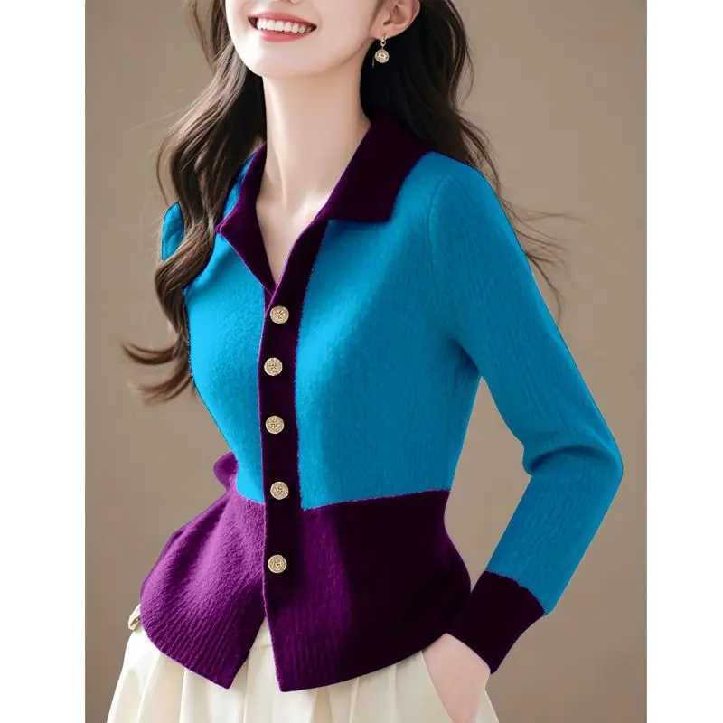 2024 Patchwork New Autumn Winter Knitting Cardigan Sweater Coat Fashion Allmatch Long Sve Temperament Top Tee Womens W251014