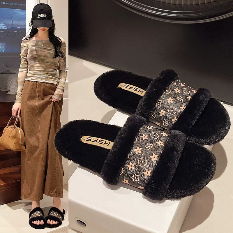 Free Shipping designer shoes Classic flat bottom anti slip fashionable versatile outerwear keep warm plush slippers for women