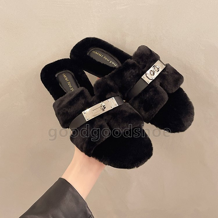 Fall Winter slides womens Faux Fur Slip-on slippers New Strappy sandals Elegant Fashion Indoor Outdoor Soft Insole fuzzy sliders Size 35-40