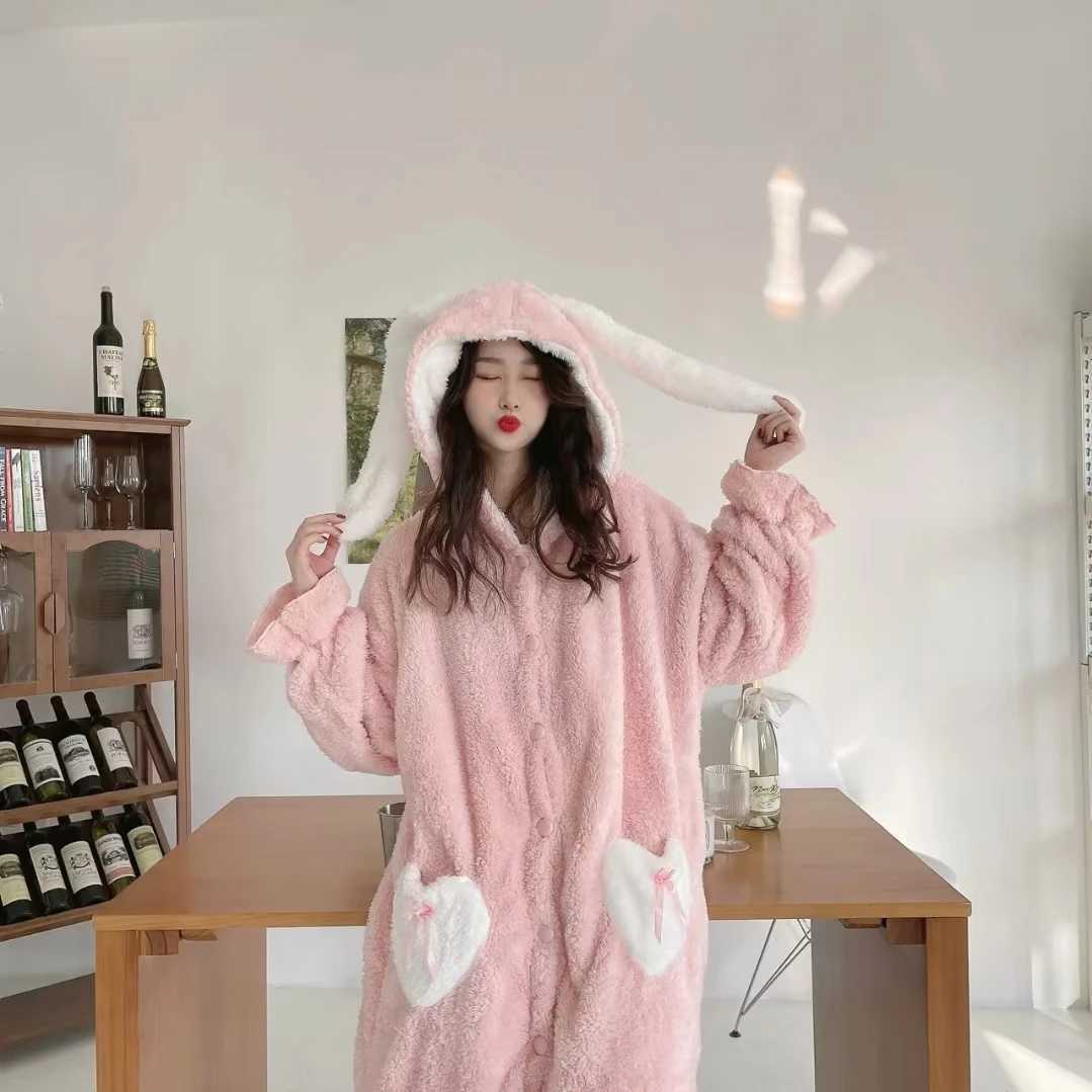 HOTSELLING 2025 Winter Pajamas Robe Lovely Long Ear Pink Hooded Homewear Loungewear Sleepwear Bathrobe Comfy Soft Pajama Party Y251013