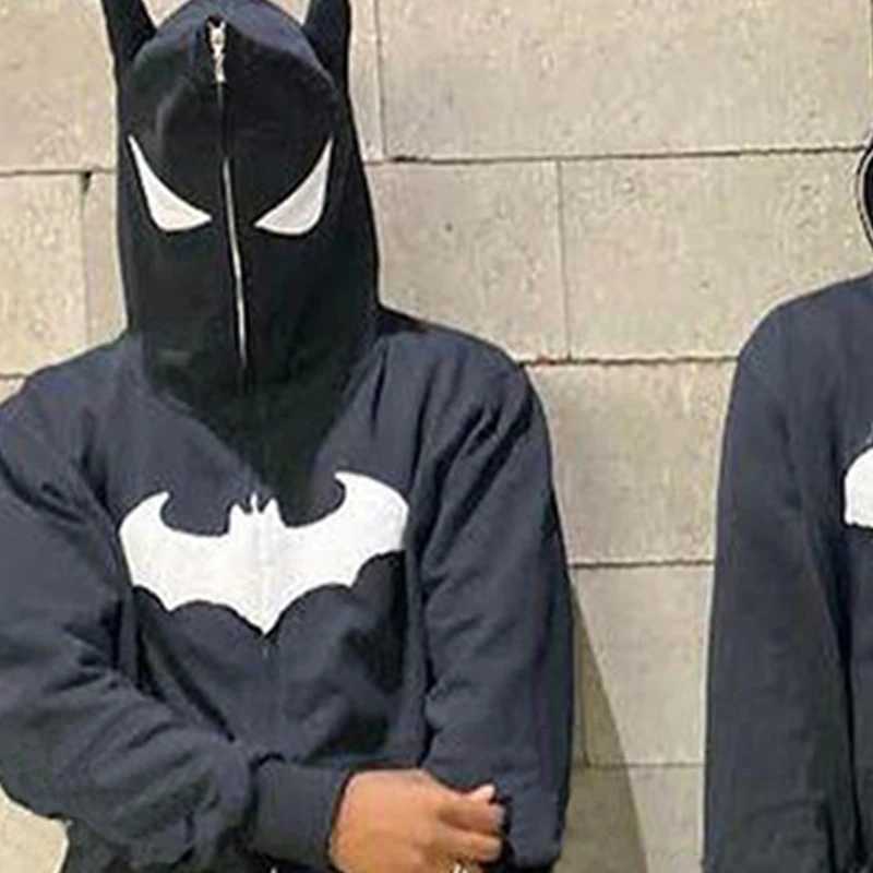 Gothic Bat Cartoon Flocking Print Hoodie Hip Hop European American Personality Rock Fashion Street Men Full Zipper Sweatshirt J251203