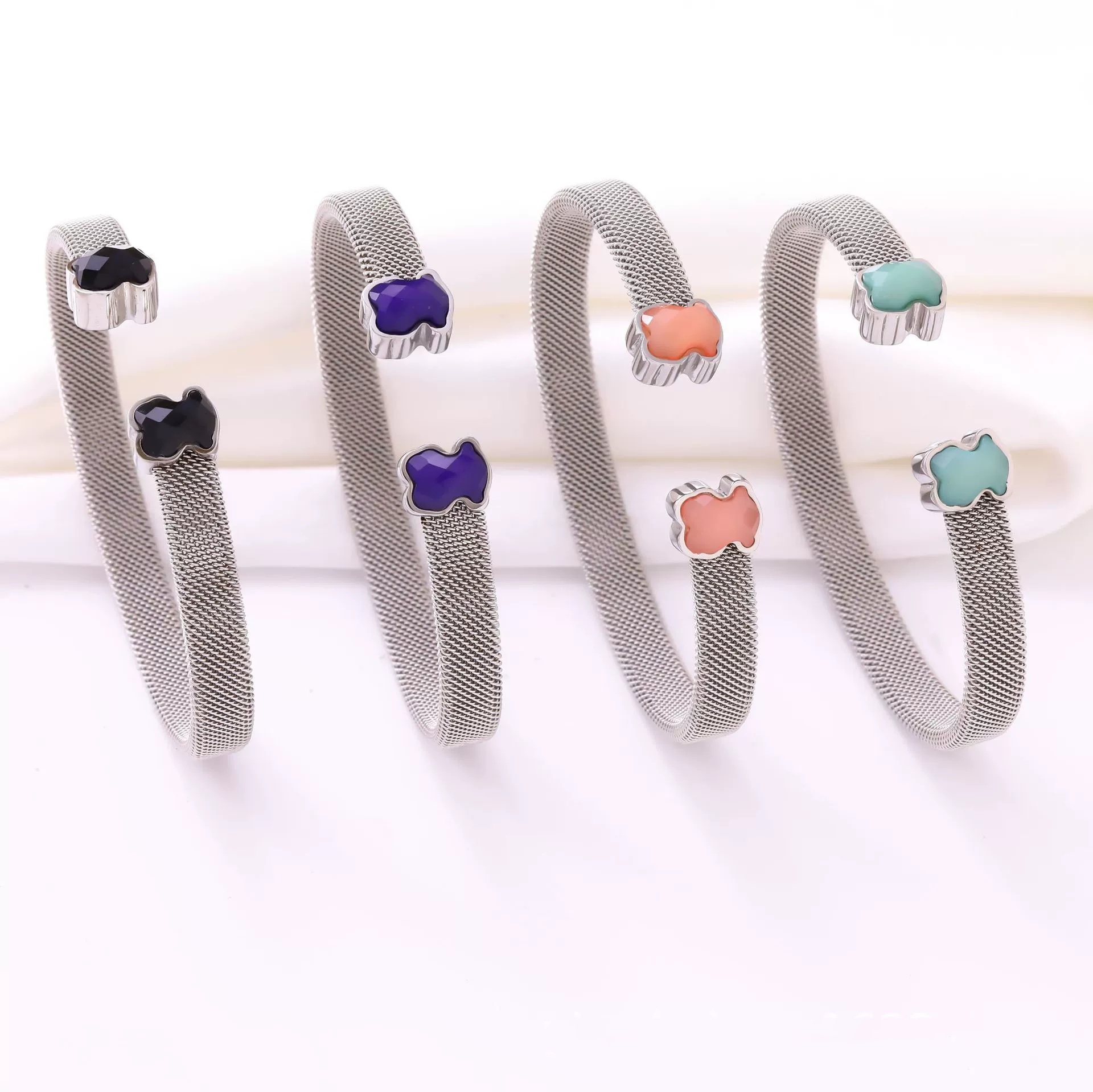 Fashion Women Men Silver Gold Bear Stainless Steel Cartoon Animal Green Pink Blue Black Wire Open Bangle Bracelets Jewelry Pulsera Gift