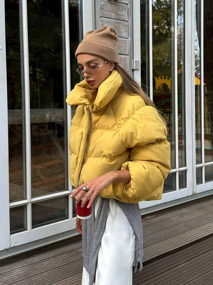 Womens Warm Winter Cotton Jacket Yellow Padded Coat Casual Loose Office Commute Lady Lapel Neck Full Sleeve Short Outwear 251011