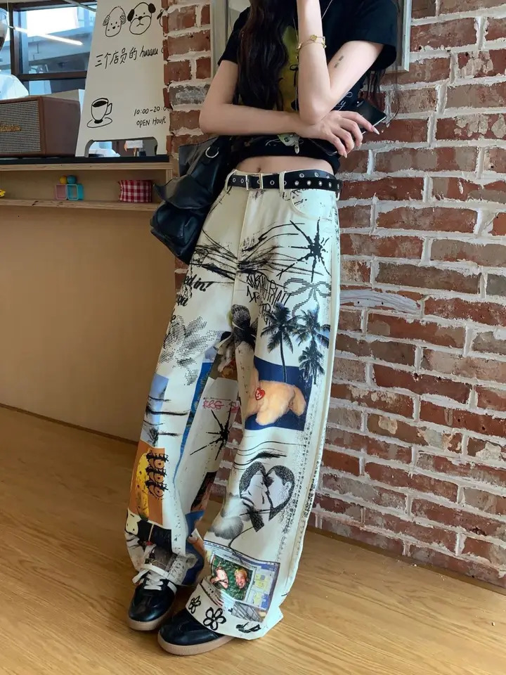 American High Street Men and Women Trendy Personalized Printed Straight leg Jeans Couple Loose Hip Hop Retro Casual Pants 251013