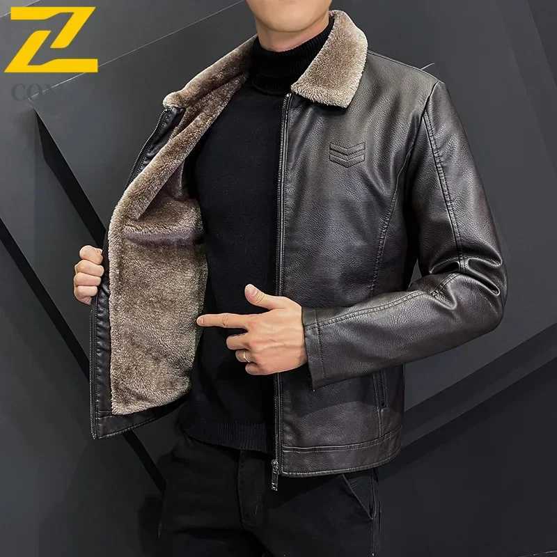 Winter Fashion Warmth Thickened Leather Jacket Lapel Solid Zipper Design Plus Size 4XLM WorkCoat Mens Leather Jacket J251014
