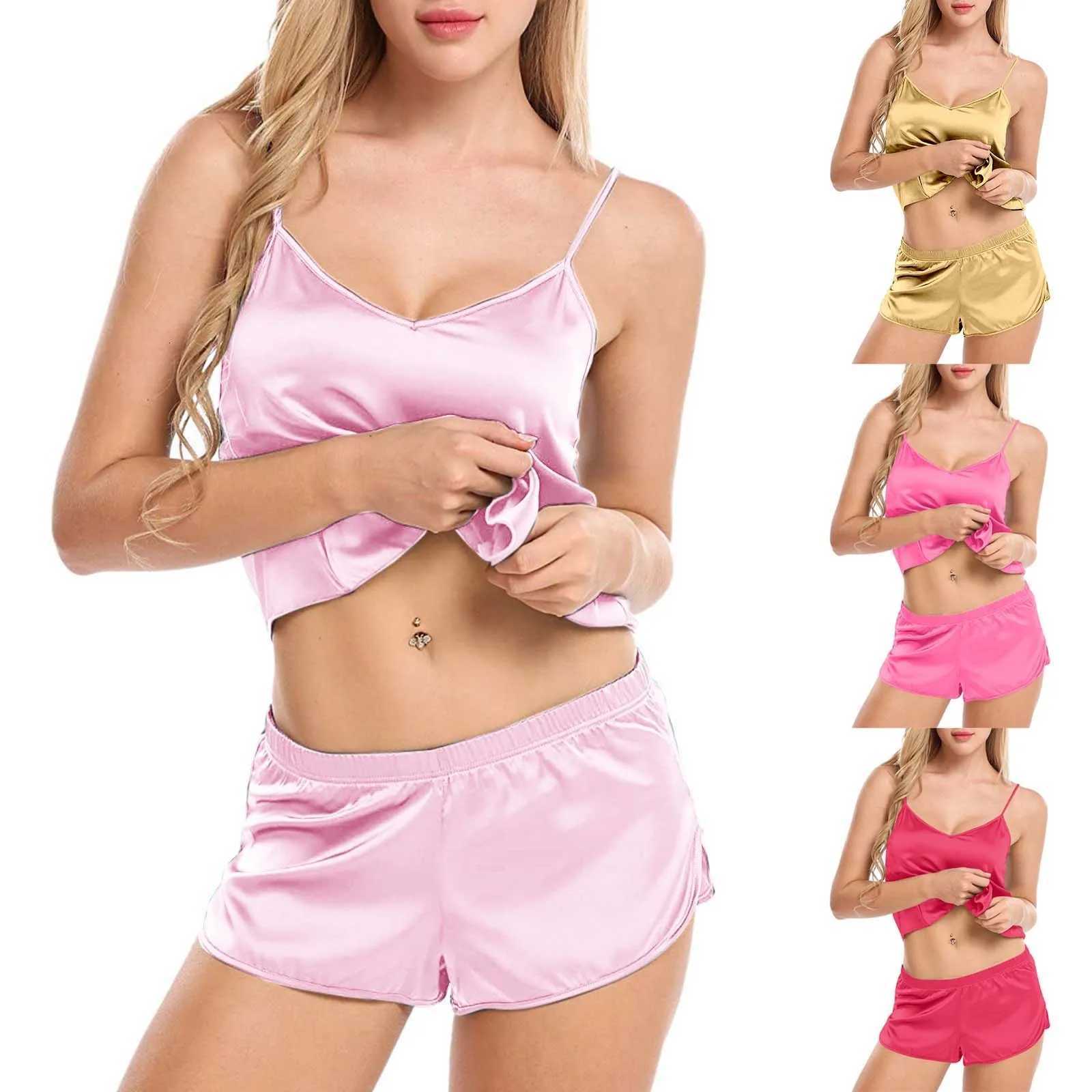 Womens Sexy Solid Color Lingerie Sleepwear Satin Silk Camisole Shorts Pajamas Set Summer Breathable Soft Lose VNeck Home WearT251014