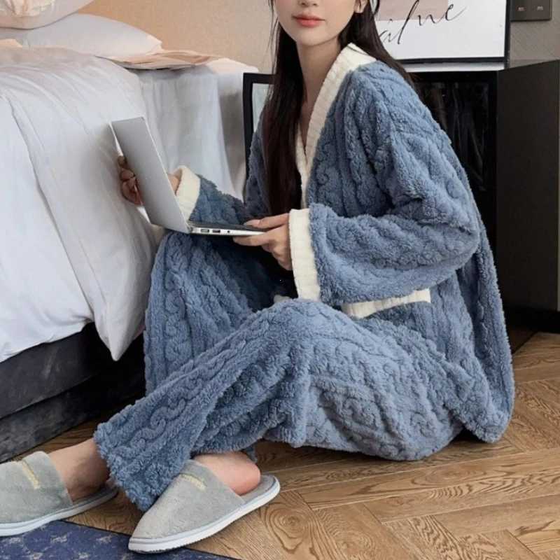 2pcsSet Autumn and Winter Pajamas Women Thickened Padded Warm Students Coral Girls Clot Velvet Suit Homewear Cardigan TrousersT251014