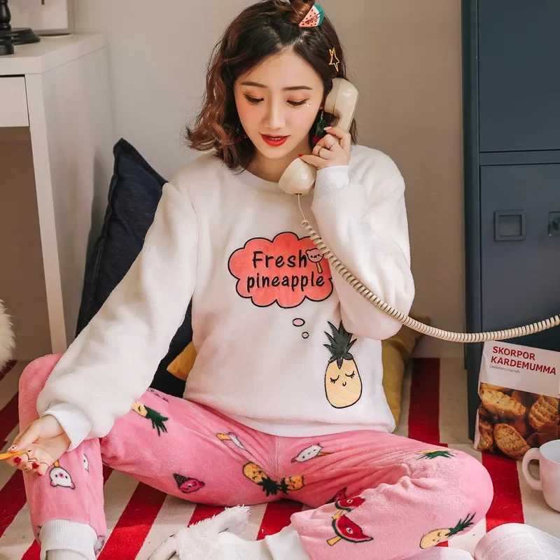 Winter Padded Warm Pajamas Flannel Round Neck Student Loungewear Ladies Sleepwear Homewear Long Sleeve Plus Size TwoPiece Set Y251013