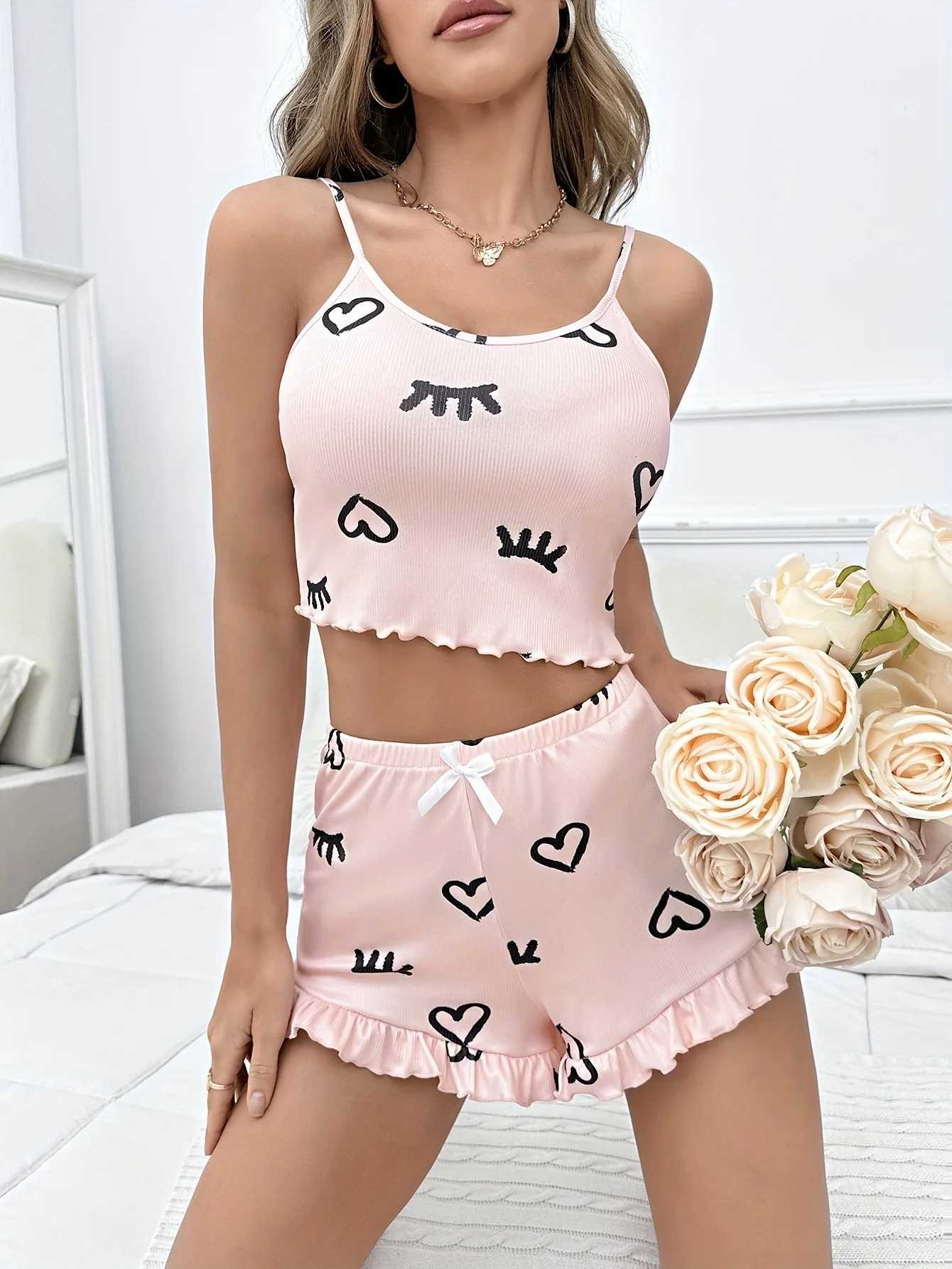 Womens Knit Pajamas Set Pink Eyelash Heart Print Sleeveless Nightwear Sexy Cute Summer Sleepwear Two Piece OutfitT251014