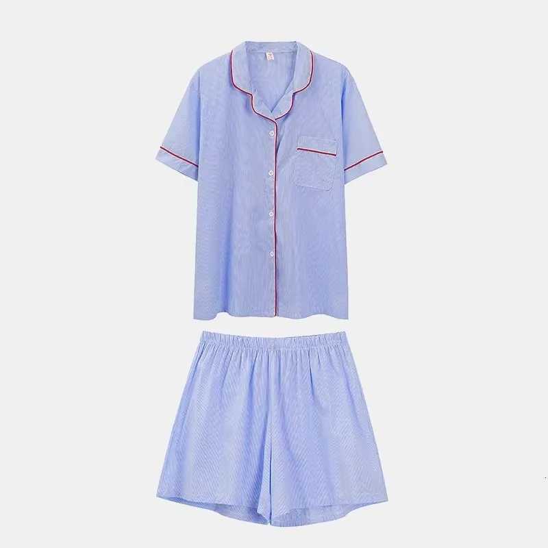 Womens Striped Solid Color Pajamas Short Sleeve Shorts Cardigan with Lapel Student Homewear TwoPiece Set Girl SleepwearT251014