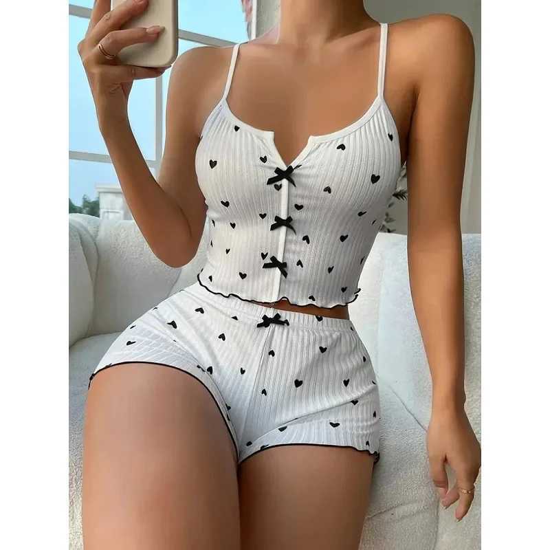 Sleepwear Women Pajamas Set Heart Print Soft Ribbed Fabric with Flirty Frill Trim Casual Cami Top and Shorts Sets LoungewearT251014