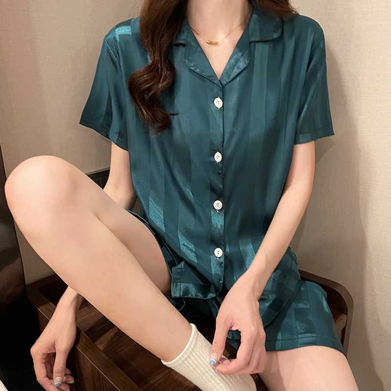 Silk Pajamas Women Summer Short Sleeve Shorts Suit Solid Satin Thin Ladies Large Size Casual Luxury Cardigan Homewear Sexy PjsT251014