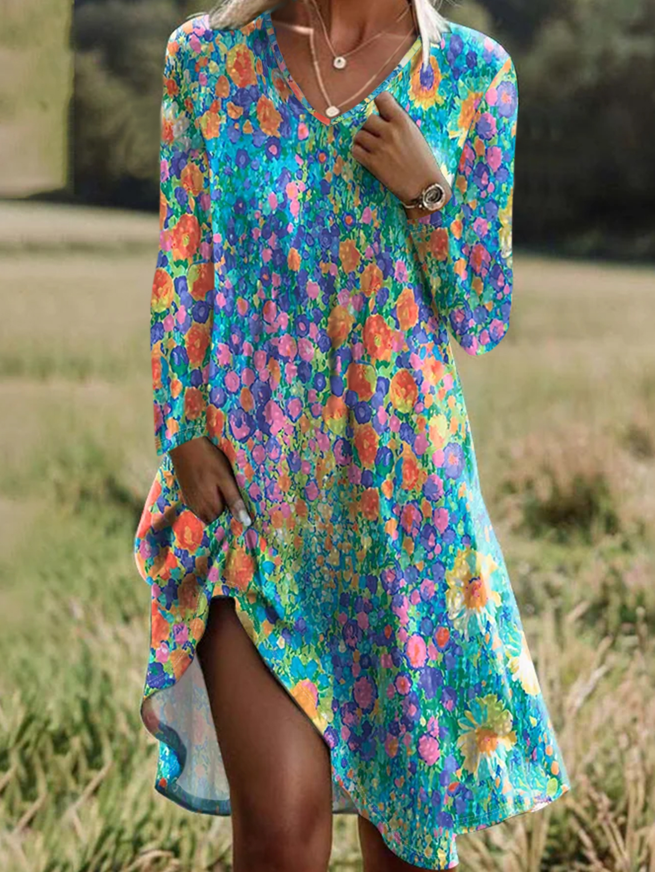 Women's Autumn New Casual Vacation Floral Printed Midi Dress-CF24923
