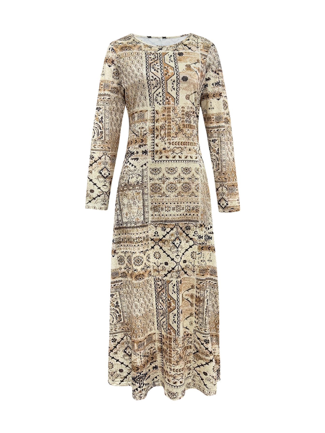 Women's Autumn Winter Fashion Mom's New Retro Khaki Ethnic Printed Maxi Dress - Suitable for Outing & Daily Wear-CF56317