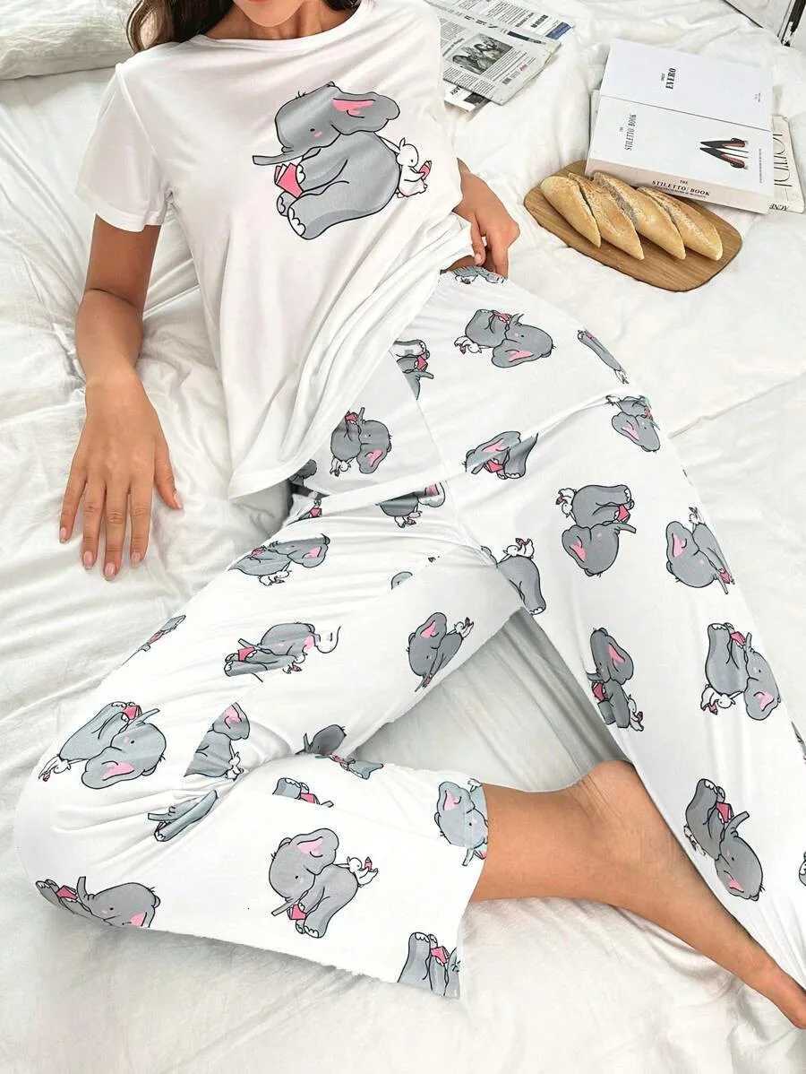 Womens new style small elephant rabbit pattern short sleeve cartoon trousers casual pajamas setT251014